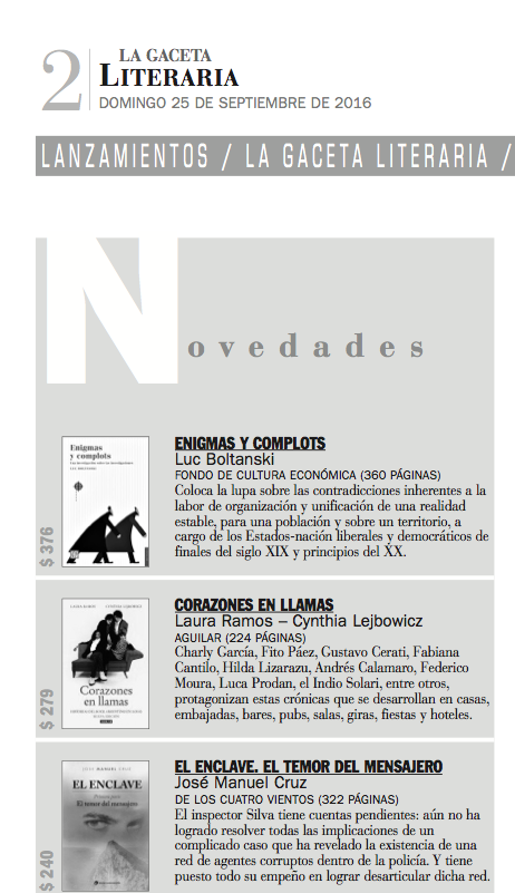El Enclave la novela negra de José Manuel Cruz en Novedades de La Gaceta Literaria de Tucumán Argentina